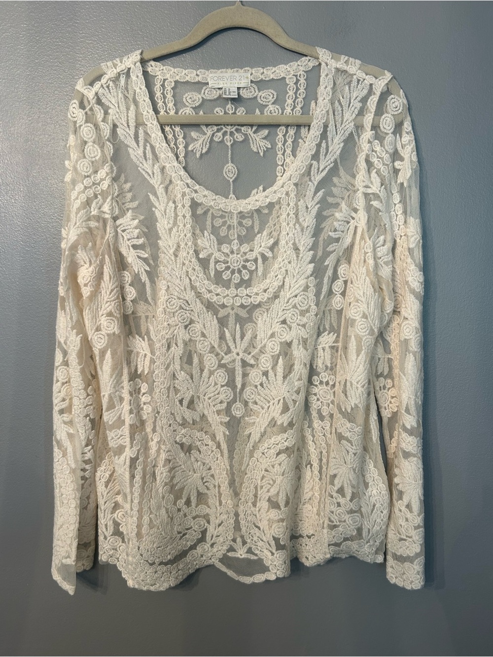 Forever 21 Plus Ivory Lace Long-Sleeve Boho Embroidered Floral Y2K Top Size 1X